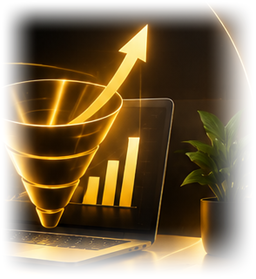 Golden funnel with a rising growth arrow and bar chart on a laptop